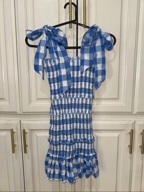 MABLE Blue and White Gingham Smocked Sundress Sz Small